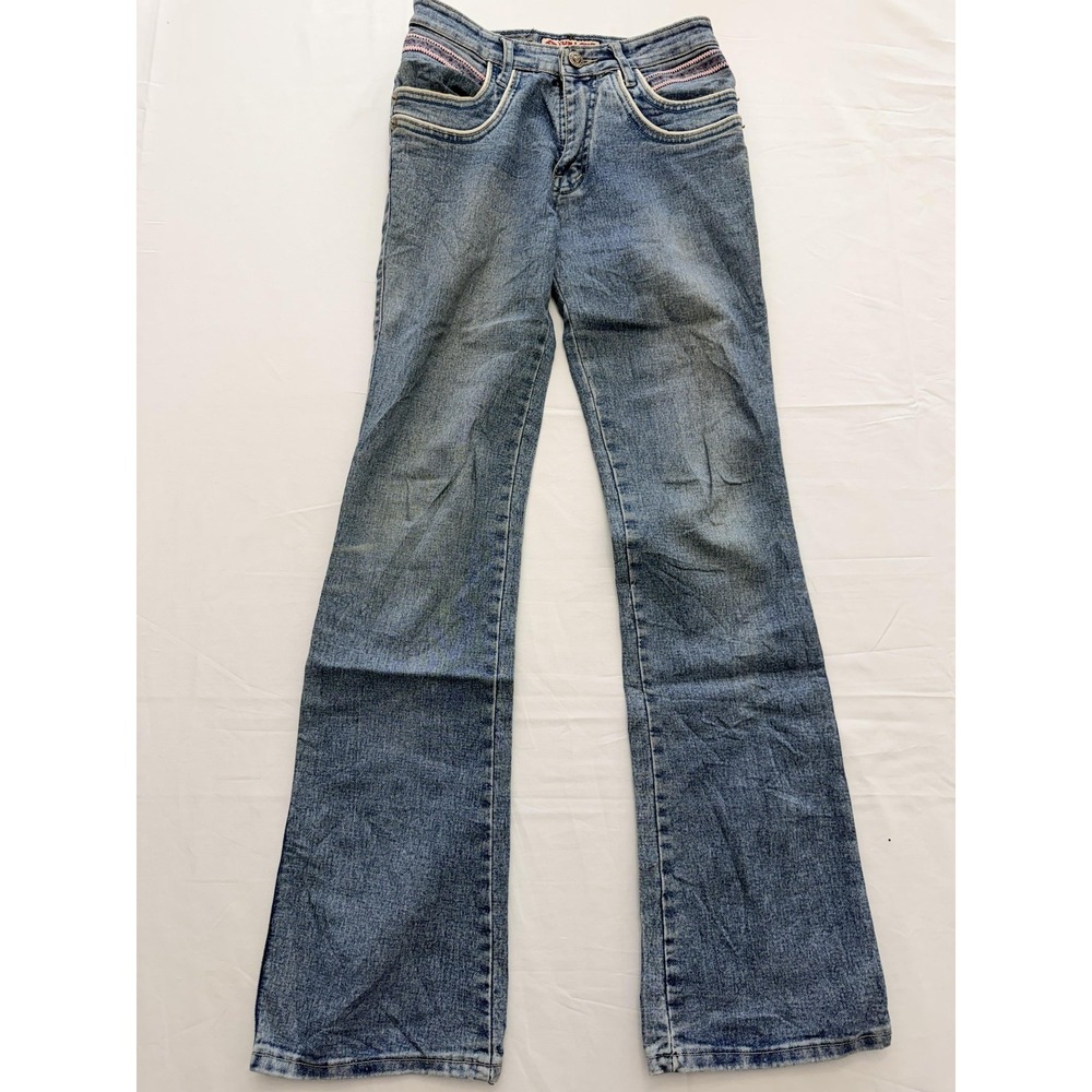 Yue Long Bootcut Jeans Juniors‎ 25 Blue Med Wash Mid Rise Embroidered 25x30